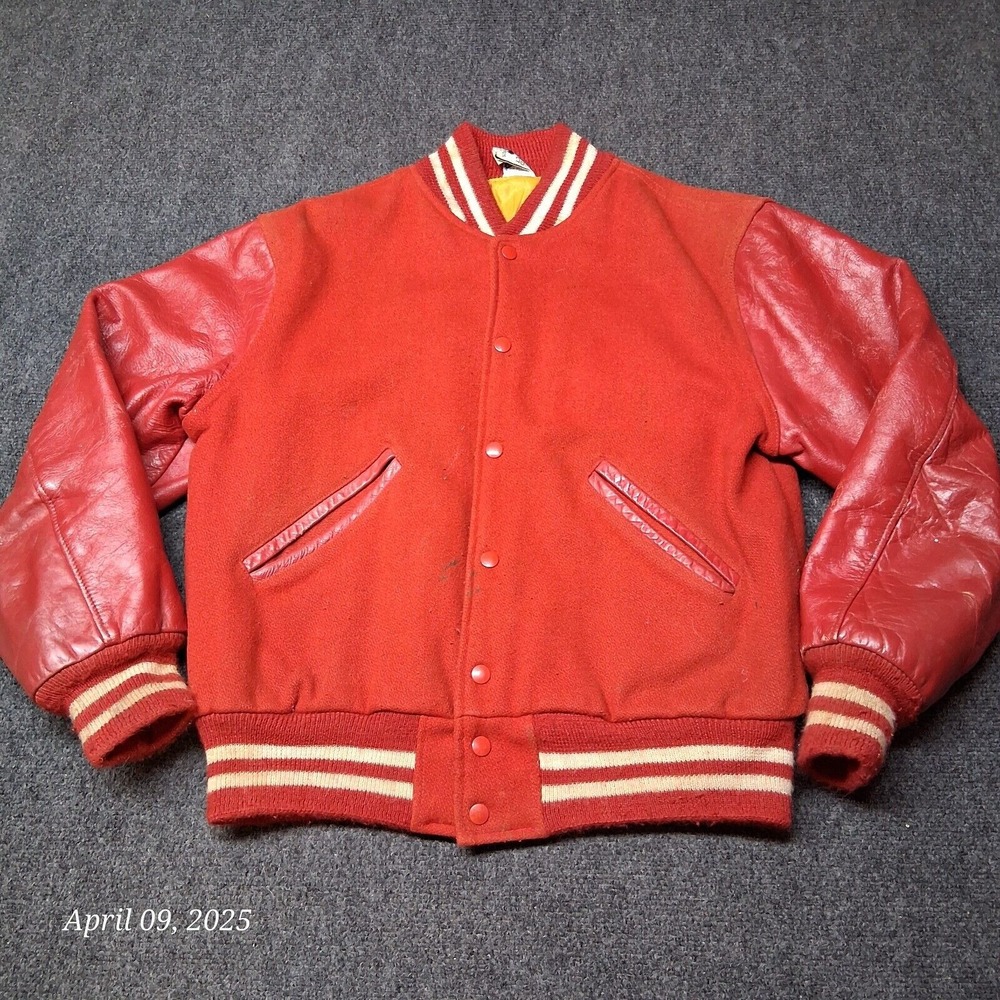 Vintage‎ Wool and Leather Varsity Stadium Jacket Men Large Red Kaye Bros 60s
